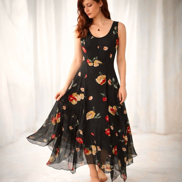 Vintage Dresses & Skirts - Vintage Black Floral Maxi Dress with Red and Yellow Blooms